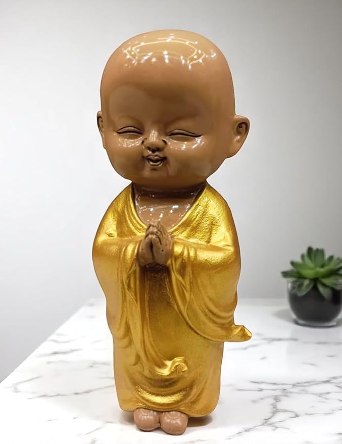 Gold Buddha Smiling Monk Showpiece 9-Inch Polyresin Figurine for Good Luck, Office Table, Gifting