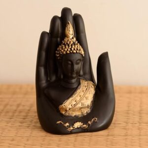 eCraftIndia Polyresin Golden Handcrafted Palm Buddha Polyresin Showpiece (12.5 cm x 7.5 cm x 17.5 cm, Black)