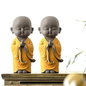 Blessing BUDDHA Smiling Monk Showpiece, Set of 2 | Good Luck Feng Shui Statue for Home & Office Desk Decor | Positive Energy Gift for Success & Prosperity | Diwali Gift (Yellow)