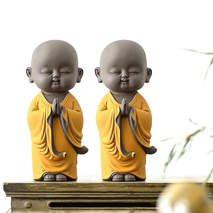Blessing BUDDHA Smiling Monk Showpiece, Set of 2 | Good Luck Feng Shui Statue for Home & Office Desk Decor | Positive Energy Gift for Success & Prosperity | Diwali Gift (Yellow)
