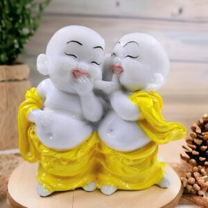 Karigaari India Joint Baby Resine Little Marble Laughing Buddha Monk Idol Sculpture | Showpiece for Home DÃ©cor and Office I Car Dashboard I Yellow