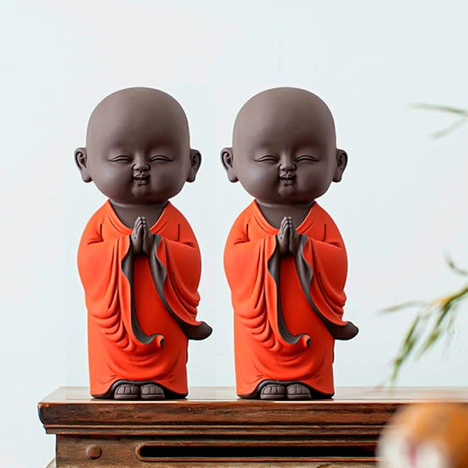 Blessing BUDDHA Smiling Monk Showpiece | Good Luck Feng Shui Statue for Home & Office Desk Decor | Positive Energy Gift for Success & Prosperity | Diwali Gift (Orange)