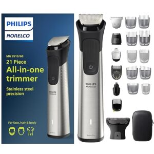Norelco Philips Multigroom Series 9000-21 Piece Men's Battery Powered Grooming Kit For Beard, Body, Face, Nose, Ear Hair Trimmer W/Premium Storage Case, MG9510/60