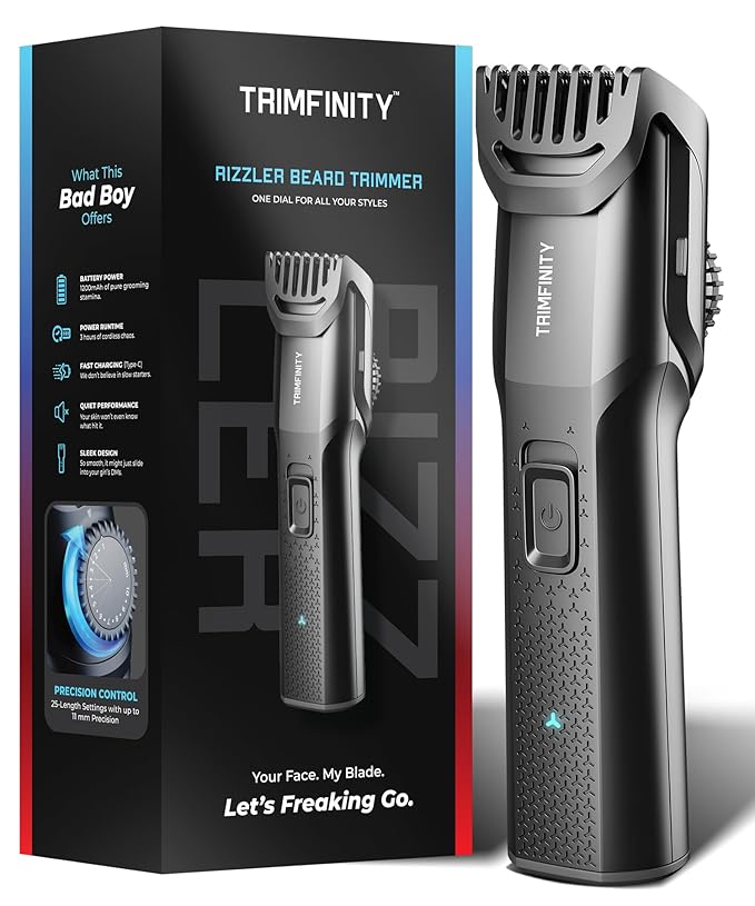 Trimfinity Rizzler Beard Trimmer for Men | Precision Control with 25 Length Settings up to 11mm | 1200mAh Lithium Battery | 3-Hour Runtime | Type-C Fast Charging | Low-Noise, Skin-Friendly Performance | Ergonomic Travel-Ready Design