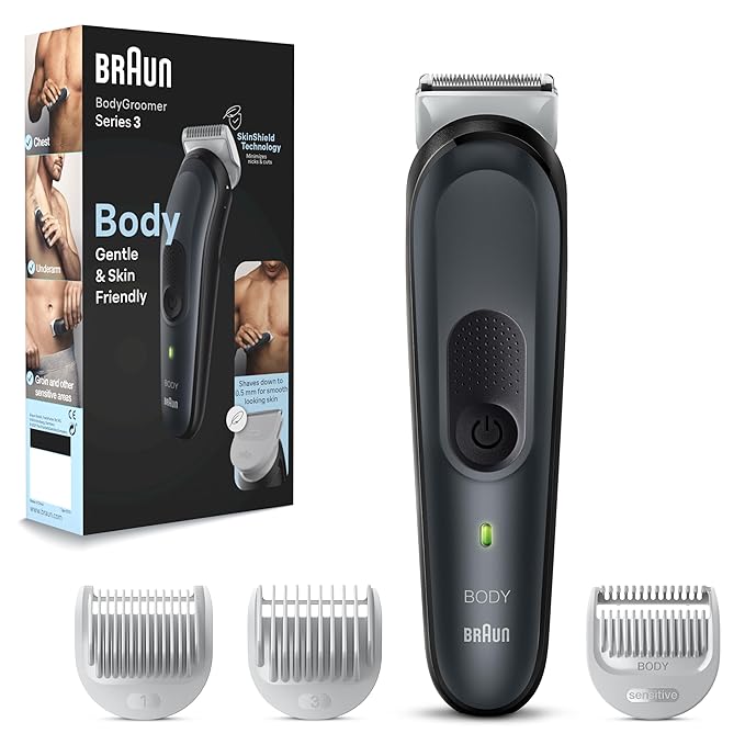 Braun Body Groomer 3 for Men, BG3340, Body Hair Trimmer with SkinShield Technology, Lifetime Sharp Metal Blade, Braun Body Trimmer for Men, Sensitive Comb, Gray/Black