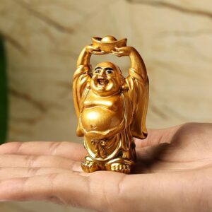 Golden Laughing Buddha Idol 6 cm | Smiling Buddha with Raised Hands & Ingot for Good Luck & Positivity â€“ Ideal for Home, Office, Car & Gifting