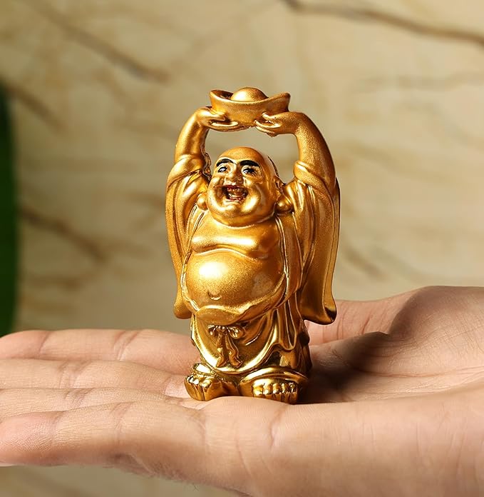 Golden Laughing Buddha Idol 6 cm | Smiling Buddha with Raised Hands & Ingot for Good Luck & Positivity – Ideal for Home, Office, Car & Gifting