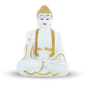 Meditating Buddha Marble Dust Statue | White & Gold Glossy Buddha Idol with Blessing Hand | Peaceful Smiling Buddha for Home, Office & Garden Decor | Spiritual Zen Showpiece | 9.5 Inch