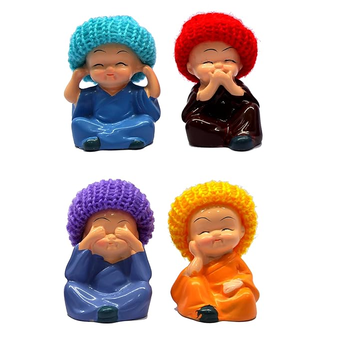 ESPLANADE Resin Smiling Happy Baby Buddha Monk Statues | Feng Shui Monk Figurine Showpieces - Set of 4 - Home Decor, Multicolor