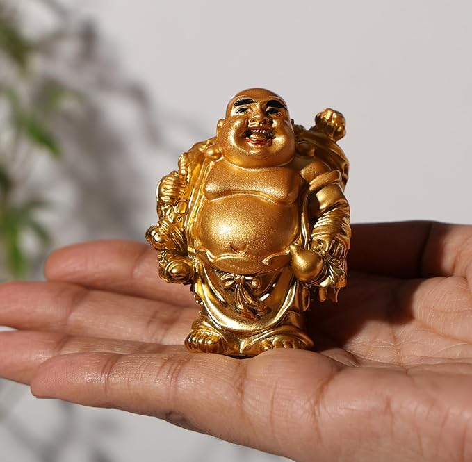 Golden Laughing Buddha Idol 6 cm – Smiling Buddha Holding Money Bag in Hands for Good Luck, Wealth, Home, Car, Office & Gifting