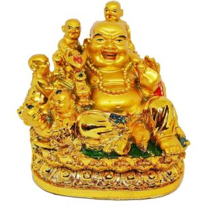 Smiling Laughing Buddha with Five Monks, 10cm x 10cm x 8cm, Gold