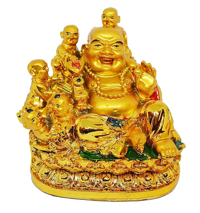 Smiling Laughing Buddha with Five Monks, 10cm x 10cm x 8cm, Gold