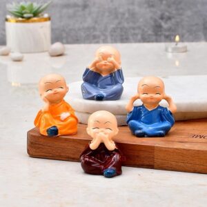 Collectible India Buddha Monk Set of 4 Statue Figurines Home Decor Items, Decorative Items for Home, Showpiece Cute Mini Idol for Car Dashboard Table Top Decoration Item Living Gift (Type 1)