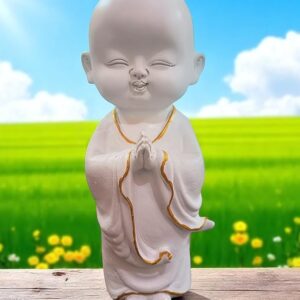 ANI DIVINE Elegant White Polyresin Smiling Buddha Monk Standing Idol 9 Inch Statue for Home DÃ©cor, Office, Good Luck Gift