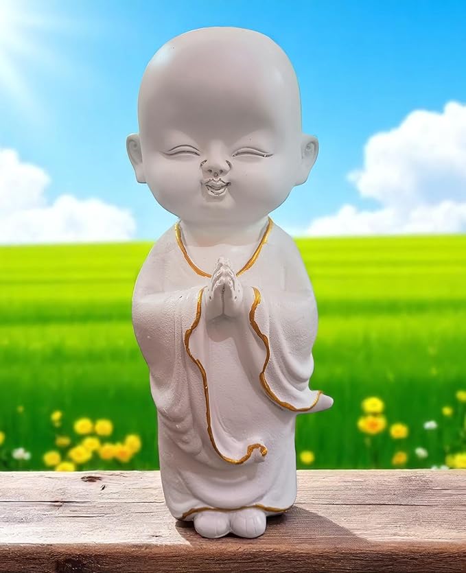 ANI DIVINE Elegant White Polyresin Smiling Buddha Monk Standing Idol 9 Inch Statue for Home Décor, Office, Good Luck Gift