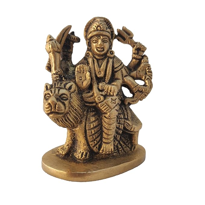 Brass Durga Maa Ambe Idol Smiling Face Sheravali Vaishno Devi Sitting on Lion Murti for Home Pooja Mandir Navratri 3 Inches